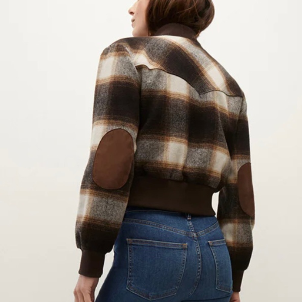 Veronica Beard Stanley Bomber Jacket in Multi Color Plaid Size 12 Elbow patches - Picture 14 of 15